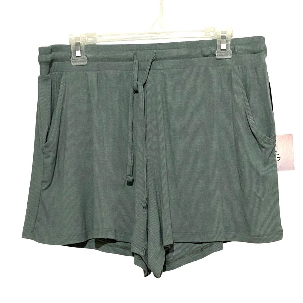 Happily Grey Womens Elastic Waist Shorts L Green Ribbed Stretchy Drawstring